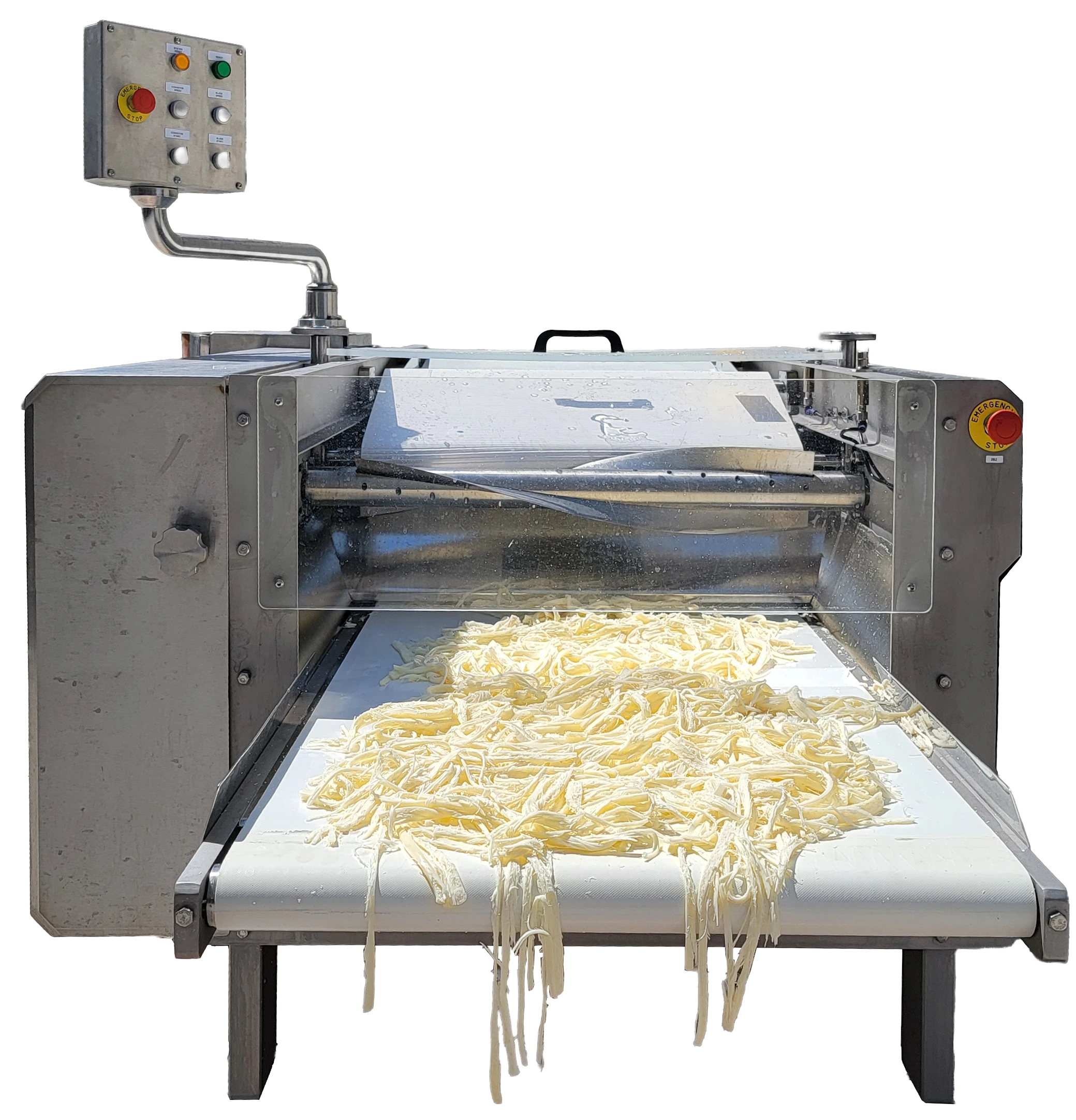 Deshebradora de Queso Oaxaca — vista general del sistema con rodillos deshebradores y bandas transportadoras